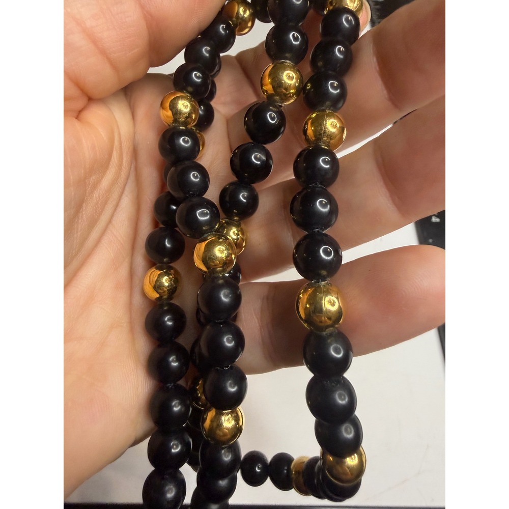 Napier Black and Gold Tone Beaded Knotted Strand Necklace 28 Inch
